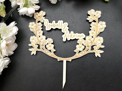 NoriKids Cake-Topper personalisiert & handgefertigt | Tortenstecker aus Holz | Tortendeko Hochzeit | Arragement an gelaserten Blumen & Namen | individuelle Hochzeitsdeko | personalisierte Geschenke von NoriKids