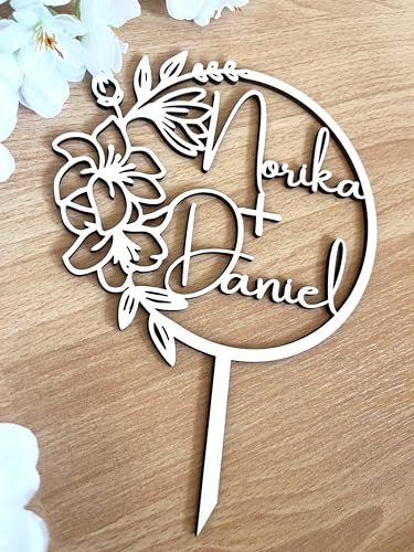 NoriKids Cake-Topper personalisiert & handgefertigt | Tortenstecker aus Holz | Tortendeko Hochzeit | Kranz mit Blumen Typ Hawaii & Namen | individuelle Hochzeitsdeko | personalisierte Geschenke von NoriKids