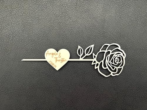 NoriKids Platzkarten Hochzeit & Jubiläum | Tischkarten in Form einer filigranen Rose & Herz aus Holz (17 cm) | mit Namen des Brautpaares | Deko & Mitgebsel | personalisierte Gastgeschenke von NoriKids