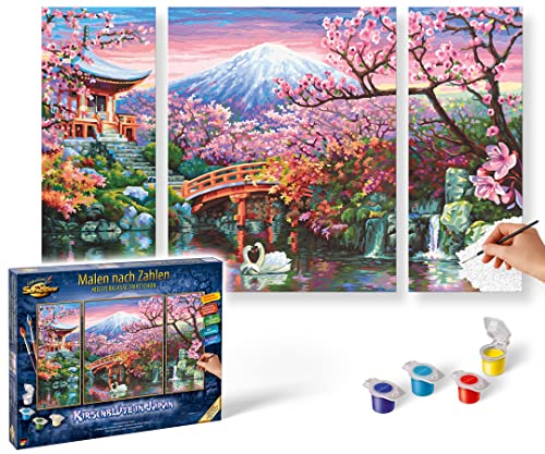 Schipper 609260751 Malen nach Zahlen - Kirschblüte in Japan - Bilder malen für Erwachsene, inklusive Pinsel und Acrylfarben, Triptychon, 50 x 80 cm von Schipper