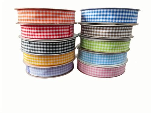 Gingham-Band, verschiedene Farben, 227 m, 10 Farben, sortiert, Frühlings-Oster-kariertes Band zum Basteln, Geschenkverpackungen (10 Farben, 2,5 cm x 22 m/Rolle) von Norsearibbonwf