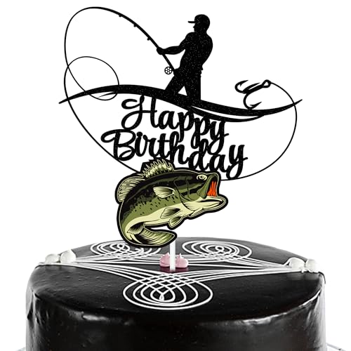 Fisherman Birthday Cake Topper, Angler Shakes His Rod and Catches a Big Fish Cake Topper, Double Sided Glitter Fisherman Birthday Cake Topper, Angler Shakes His Rod and Catches a Big Fish Cake Topper, Double Sided Glitter von Notbadsys