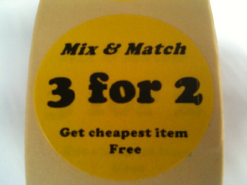 Mix and Match, 3 für 2, selbstklebende Etiketten, 500 schwarze Drucke, 38 mm Durchmesser, gelbe Etiketten von Notice Board Store