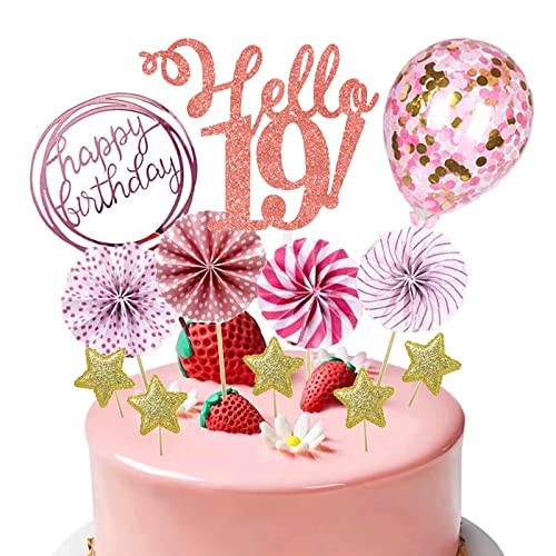 19.Geburtstag Mädchen Tortendeko 19th Happy Birthday Cake Topper Deco Rosa Torte,Glitzer Kuchen Dekoration mit Papierfächer und Konfetti Luftballons für 19 Jahre Geburtstag Party von Notixa