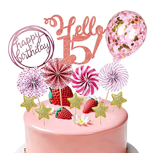 Notixa 15.Geburtstag Mädchen Tortendeko 15th Happy Birthday Cake Topper Deco Rosa Torte,Glitzer Kuchen Dekoration mit Papierfächer und Konfetti Luftballons für 15 Jahre Geburtstag Party von Notixa
