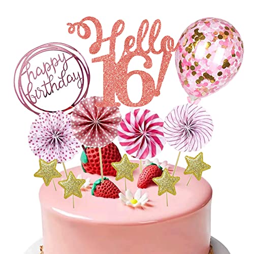 Notixa 16.Geburtstag Mädchen Tortendeko 16th Happy Birthday Cake Topper Deco Rosa Torte,Glitzer Kuchen Dekoration mit Papierfächer und Konfetti Luftballons für 16 Jahre Geburtstag Party von Notixa