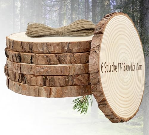 Notwo Holzscheiben 6 Stücke Baumscheiben 16-18 CM Holzscheiben Zum Basteln,Ungebohrte Baumscheibe,für Basteln,Weihnachtsdeko,Mit Bindfaden und Klauen Nägel. (6 Stücke 17-18cm) von Notwoe