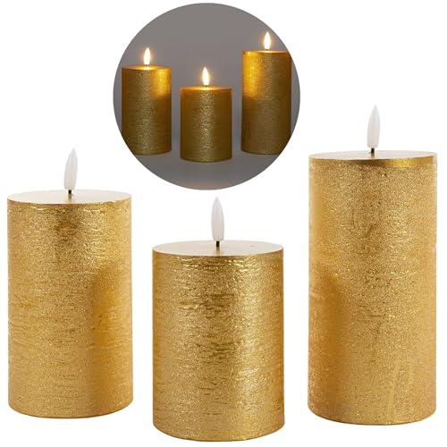3er Set Led Kerzen 7,5cm ø Kerze flackernde Flamme mit Fernbedingung GOLD 15 cm + 12,5 cm + 10 cm Höhe, LED Kerzen mit Timerfunktion, 3 AAA Batterien nötig, LED Echtwachs Stumpenkerzen warmweiß 3er Set Led Kerzen 7,5cm ø Kerze flackernde Flamme mit Fernbedingung GOLD 15 cm + 12,5 cm + 10 cm Höhe, LED Kerzen mit Timerfunktion, 3 AAA Batterien nötig, LED Echtwachs Stumpenkerzen warmweiß von Novaliv