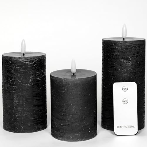 3er Set Led Kerzen 7,5cm ø Kerze flackernde Flamme mit Fernbedingung SCHWARZ 15 cm + 12,5 cm + 10 cm Höhe, LED Kerzen mit Timerfunktion, 3 AAA Batterien nötig, LED Echtwachs Stumpenkerzen warmweiß 3er Set Led Kerzen 7,5cm ø Kerze flackernde Flamme mit Fernbedingung SCHWARZ 15 cm + 12,5 cm + 10 cm Höhe, LED Kerzen mit Timerfunktion, 3 AAA Batterien nötig, LED Echtwachs Stumpenkerzen warmweiß von Novaliv