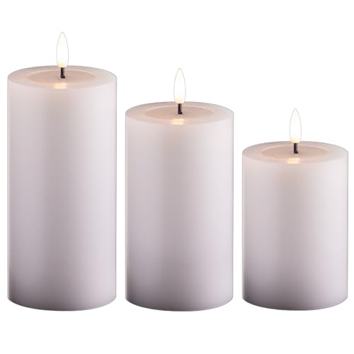 3er Set Led Kerzen flackernde Flamme mit Echtwachspiegel weiß 7,5cm ø 1x 15 cm, 1x12,5 cm, 1x10 cm Höhe, LED Kerzen mit Timerfunktion, 2 AA Batterien nötig, LED Echtwachs Stumpenkerzen warmweiß von Novaliv