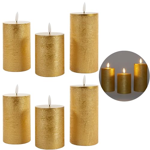 6er Set Led Kerzen 7,5cm ø Kerze flackernde Flamme mit Fernbedingung GOLD 15 cm + 12,5 cm + 10 cm Höhe, LED Kerzen mit Timerfunktion, 3 AAA Batterien nötig, LED Echtwachs Stumpenkerzen warmweiß 6er Set Led Kerzen 7,5cm ø Kerze flackernde Flamme mit Fernbedingung GOLD 15 cm + 12,5 cm + 10 cm Höhe, LED Kerzen mit Timerfunktion, 3 AAA Batterien nötig, LED Echtwachs Stumpenkerzen warmweiß von Novaliv