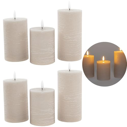 6er Set Led Kerzen 7,5cm ø Kerze flackernde Flamme mit Fernbedingung GRAU TAUPE 15 cm + 12,5 cm + 10 cm Höhe, LED Kerzen mit Timerfunktion, 3 AAA Batterien nötig, LED Echtwachs Stumpenkerzen warmweiß von Novaliv
