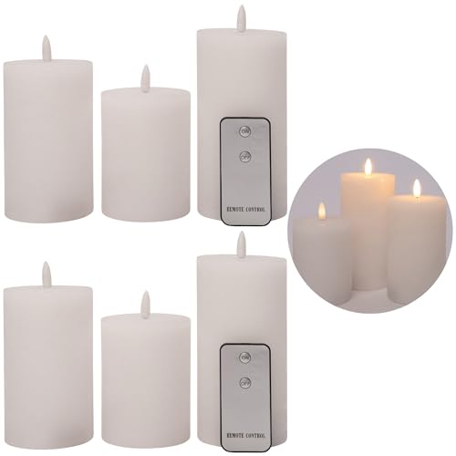 6er Set Led Kerzen 7,5cm ø Kerze flackernde Flamme mit Fernbedingung WEISS 15 cm + 12,5 cm + 10 cm Höhe, LED Kerzen mit Timerfunktion, 3 AAA Batterien nötig, LED Echtwachs Stumpenkerzen warmweiß von Novaliv