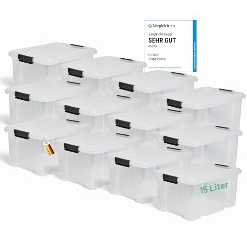 Novaliv 12x Aufbewahrungsboxen mit Deckel 15L transparente Nestbar stapelbare Storage boxes mit Clipverschluss Kunststoffbox BPA-frei 41 x 29 x 20 cm von Novaliv