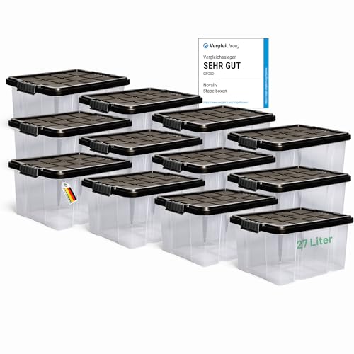 Novaliv 12x Aufbewahrungsboxen mit Deckel 27L Anthrazit Nestbar stapelbare Storage boxes mit Clipverschluss Kunststoffbox BPA-frei 46,5x36,5x24 cm von Novaliv