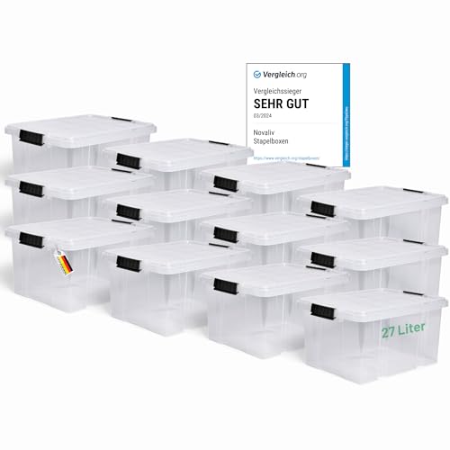 Novaliv 12x Aufbewahrungsboxen mit Deckel 27L transparente Nestbar stapelbare Storage boxes mit Clipverschluss Kunststoffbox BPA-frei 46,5x36,5x24 cm von Novaliv