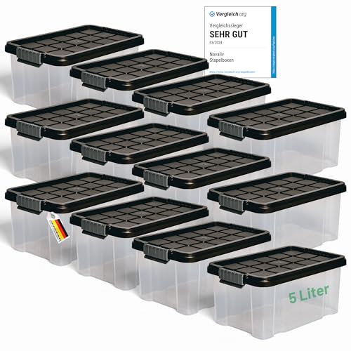 Novaliv 12x Aufbewahrungsboxen mit Deckel 5L Anthrazit Nestbar stapelbare Storage boxes mit Clipverschluss Kunststoff BPA-frei 30 x 19 x 14 cm von Novaliv