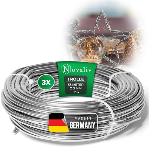 Novaliv 159 Meter Aluminiumdraht 3mm Silber, Basteldraht ideal als Biegedraht zum basteln, Vielseitig für DIY-Projekte und Dekorationen, 53m Rolle Dekodraht, Schmuckdraht, Blumendraht, Laternendraht von Novaliv