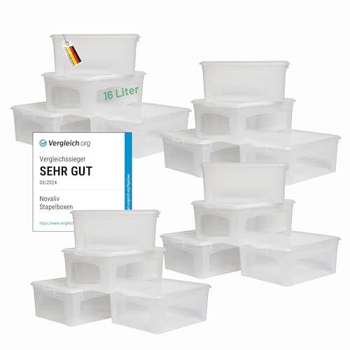 Novaliv 16x Aufbewahrungsboxen mit Deckel 16L transparente Boxen stapelbare Nestbar Storage boxes mit Clipverschluss Kunststoff BPA-frei 41x34x17 cm von Novaliv