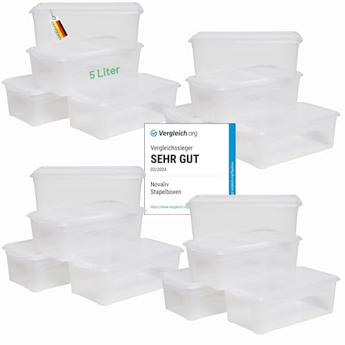 Novaliv 16x Aufbewahrungsboxen mit Deckel 5L transparente Boxen stapelbare Nestbar Storage boxes mit Clipverschluss Kunststoff BPA-frei 34x19x11 cm von Novaliv