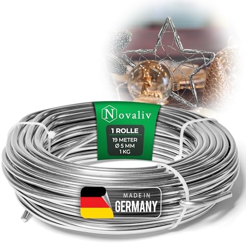 Novaliv 19 Meter Aluminiumdraht 5mm Silber, Basteldraht ideal als Biegedraht zum basteln, Vielseitig für DIY-Projekte und Dekorationen, 19m Rolle Dekodraht, Schmuckdraht, Blumendraht, Laternendraht von Novaliv