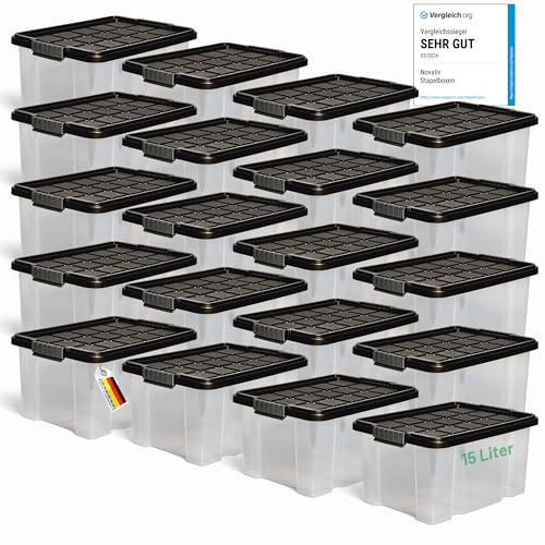 Novaliv 20x Aufbewahrungsboxen mit Deckel 15L Anthrazit Nestbar stapelbare Storage boxes mit Clipverschluss Kunststoffbox BPA-frei 41 x 29 x 20 cm von Novaliv