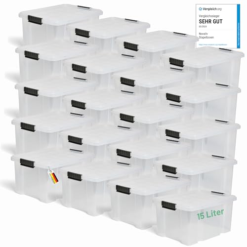 Novaliv 20x Aufbewahrungsboxen mit Deckel 15L transparente Nestbar stapelbare Storage boxes mit Clipverschluss Kunststoffbox BPA-frei 41 x 29 x 20 cm von Novaliv