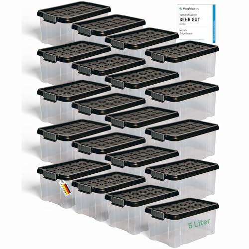 Novaliv 20x Aufbewahrungsboxen mit Deckel 5L Anthrazit Nestbar stapelbare Storage boxes mit Clipverschluss Kunststoff BPA-frei 30 x 19 x 14 cm von Novaliv