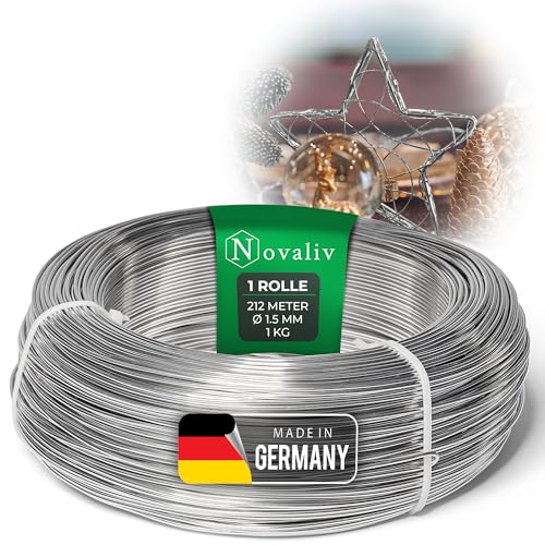 Novaliv 212 Meter Aluminiumdraht 1,5mm Silber, Basteldraht ideal als Biegedraht zum basteln, Vielseitig für DIY-Projekte und Dekorationen, 212m Rolle Dekodraht, Schmuckdraht, Blumendraht von Novaliv