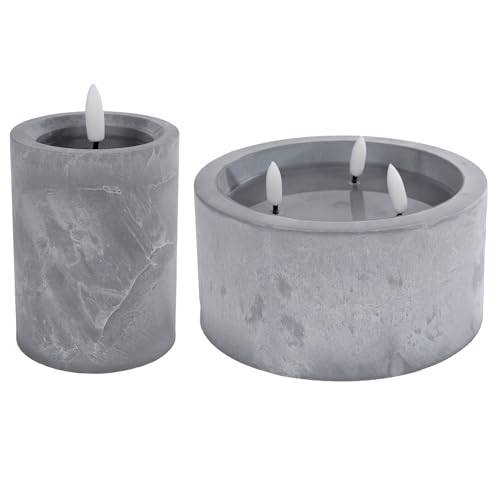 Novaliv 2er Set LED Kerzen flackernde Flamme Beton Optik 7,5cm ø 1x 10 cm, 15cm ø 1x10 cm Höhe, LED Kerzen, 2 AA Batterien nötig, LED Stumpenkerzen warmweiß, Deko elektronische kerzenflackern von Novaliv