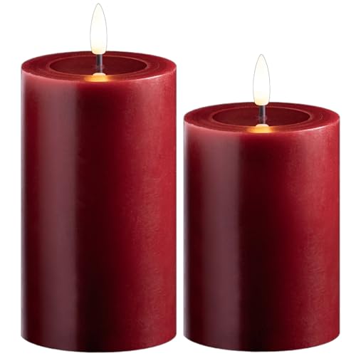 Novaliv 2er Set Led Kerzen flackernde Flamme mit Echtwachspiegel rot 7,5cm ø 1x 12,5 cm, 1x10 cm Höhe, LED Kerzen mit Timerfunktion, 2 AA Batterien nötig, LED Echtwachs Stumpenkerzen rot von Novaliv