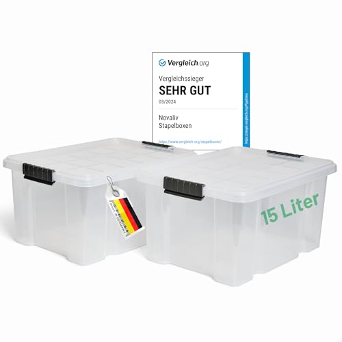 Novaliv 2x Aufbewahrungsboxen mit Deckel 15L transparente Nestbar stapelbare Storage boxes mit Clipverschluss Kunststoffbox BPA-frei 41 x 29 x 20 cm von Novaliv