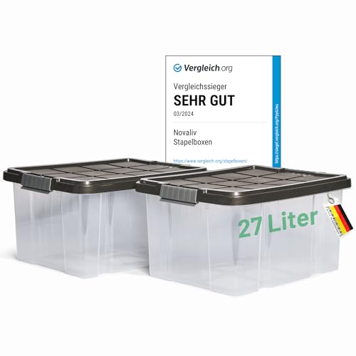 Novaliv 2x Aufbewahrungsboxen mit Deckel 27L Anthrazit Nestbar stapelbare Storage boxes mit Clipverschluss Kunststoffbox BPA-frei 46,5x36,5x24 cm von Novaliv
