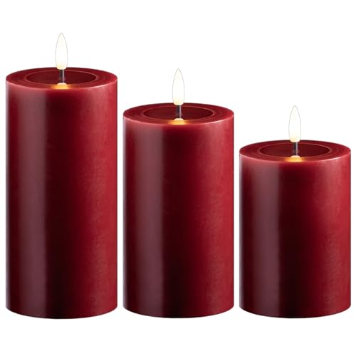 Novaliv 3er Set Led Kerzen flackernde Flamme mit Echtwachspiegel rot 7,5cm ø 1x 15 cm, 1x12,5 cm, 1x10 cm Höhe, LED Kerzen mit Timerfunktion, 2 AA Batterien nötig, LED Echtwachs Stumpenkerzen rot von Novaliv