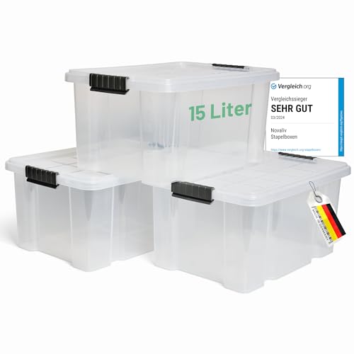 Novaliv 3x Aufbewahrungsboxen mit Deckel 15L transparente Nestbar stapelbare Storage boxes mit Clipverschluss Kunststoffbox BPA-frei 41 x 29 x 20 cm von Novaliv