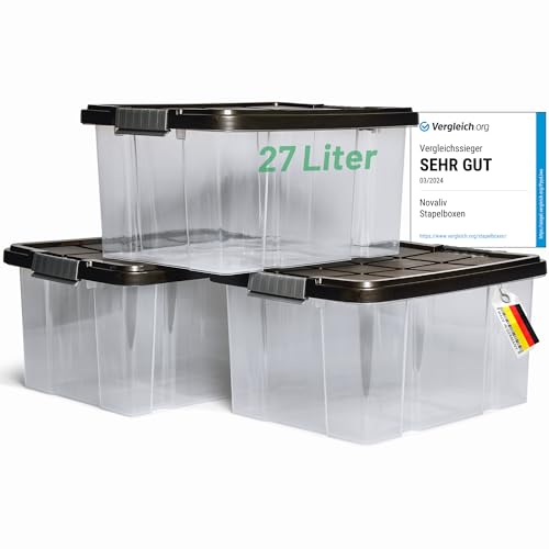 Novaliv 3x Aufbewahrungsboxen mit Deckel 27L Anthrazit Nestbar stapelbare Storage boxes mit Clipverschluss Kunststoffbox BPA-frei 46,5x36,5x24 cm von Novaliv