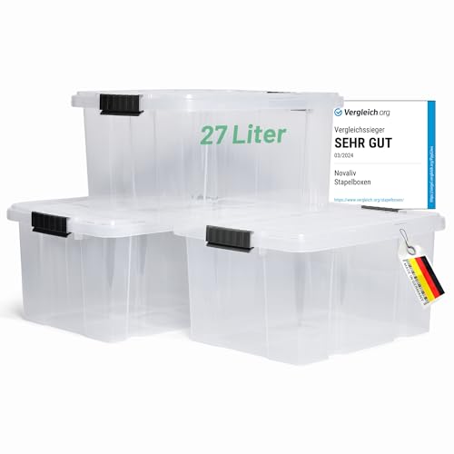 Novaliv 3x Aufbewahrungsboxen mit Deckel 27L transparente Nestbar stapelbare Storage boxes mit Clipverschluss Kunststoffbox BPA-frei 46,5x36,5x24 cm Novaliv 3x Aufbewahrungsboxen mit Deckel 27L transparente Nestbar stapelbare Storage boxes mit Clipverschluss Kunststoffbox BPA-frei 46,5x36,5x24 cm von Novaliv