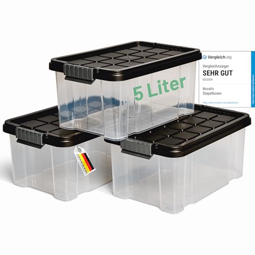 Novaliv 3x Aufbewahrungsboxen mit Deckel 5L Anthrazit Nestbar stapelbare Storage boxes mit Clipverschluss Kunststoff BPA-frei 30 x 19 x 14 cm von Novaliv