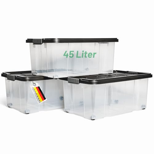 Novaliv 3x Aufbewahrungsboxen mit Deckel Groß 45L Anthrazit Nestbar stapelbar mit Clipverschluss Rollboxen Kunststoff BPA-frei 61x40x26 cm von Novaliv