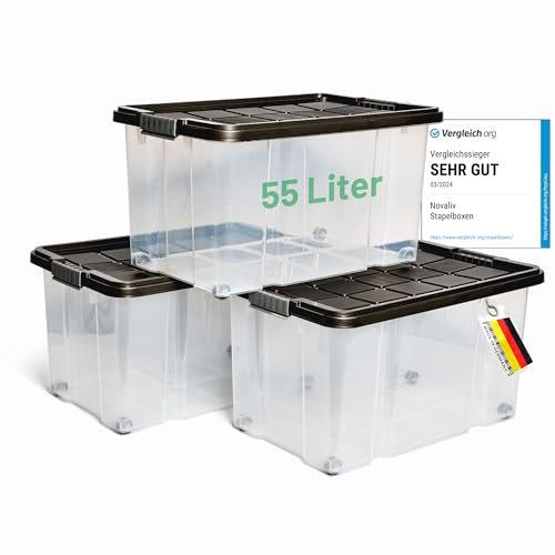 Novaliv 3x Aufbewahrungsboxen mit Deckel Groß 55L Anthrazit Nestbar stapelbar mit Clipverschluss Rollboxen Kunststoff BPA-frei 61x40x32,5 cm von Novaliv