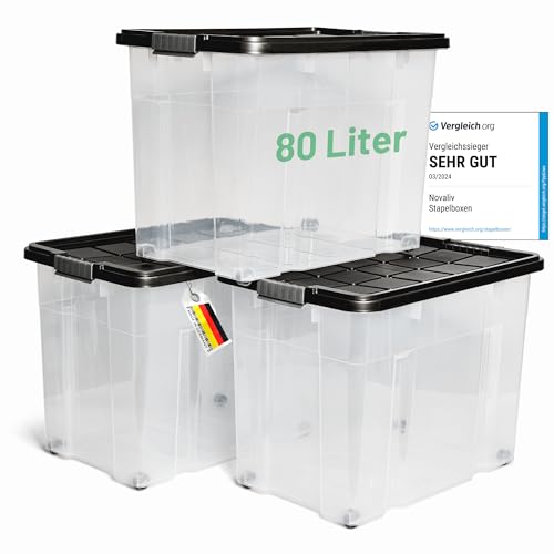 Novaliv 3x Aufbewahrungsboxen mit Deckel Groß 80L Anthrazit nestbar stapelbar mit Clipverschluss Rollboxen Kunststoff BPA-frei 61x40x45 cm von Novaliv