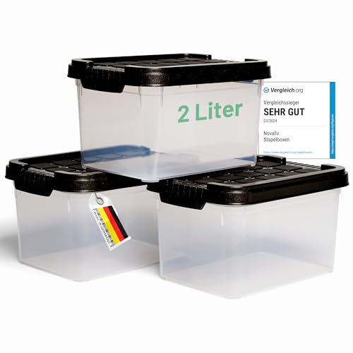 Novaliv 3x Aufbewahrungsboxen mit Deckel klein 2 L Anthrazit Nestbar stapelbare Plastikboxen mit Clipverschluss Kunststoff BPA-frei 19 x 14 x 11 cm von Novaliv