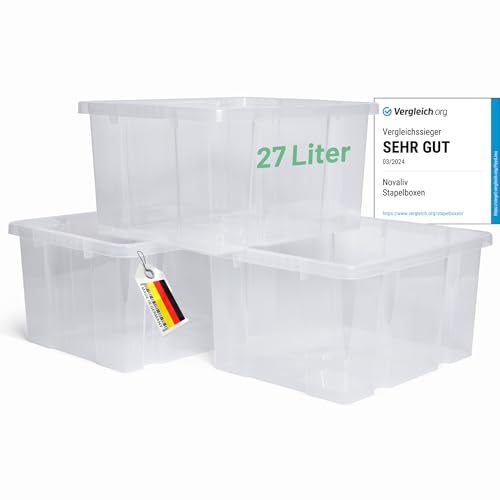 Novaliv 3x Aufbewahrungsboxen ohne Deckel 27L transparente Nestbar Drehstapelbox Euroboxen Kunststoffboxen BPA-frei 44,5x35,5x23 cm für Kistenregal von Novaliv