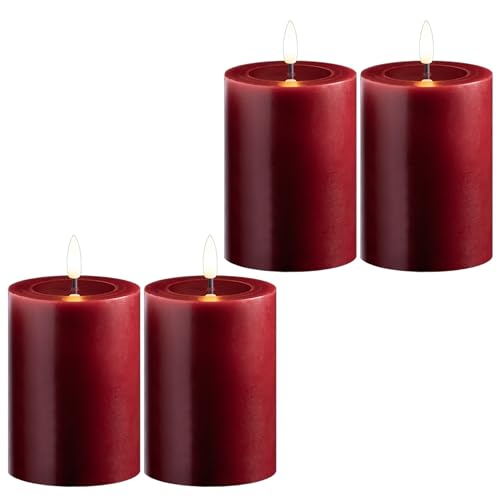 Novaliv 4 Set LED Stumpenkerze Mit Timer - Echtwachs, Warmweiß, 7,5cm ø 10cm Höhe, Flackereffekt, Flammenlos - Rot, 2 AA Batterien Nötig von Novaliv
