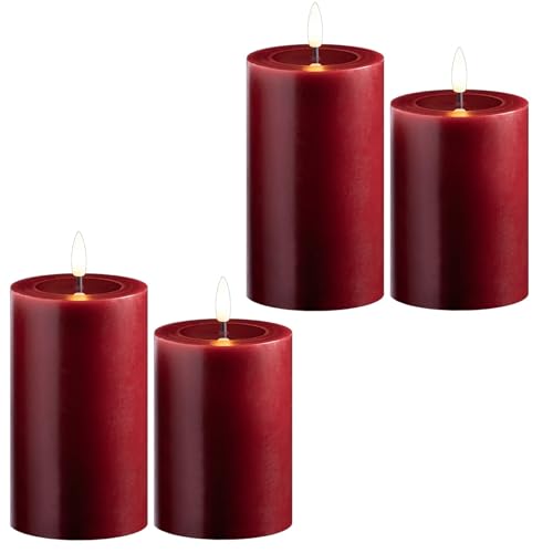 Novaliv 4er Set Led Kerzen flackernde Flamme mit Echtwachspiegel rot 7,5cm ø 2X 12, 5cm, 2x10 cm Höhe, LED Kerzen mit Timerfunktion, 2 AA Batterien nötig, LED Echtwachs Stumpenkerzen rot von Novaliv