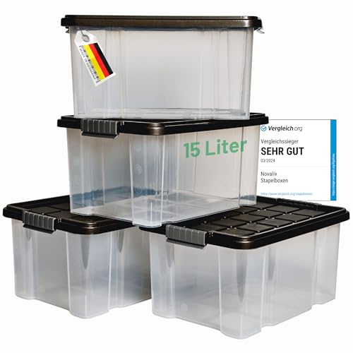Novaliv 4x Aufbewahrungsboxen mit Deckel 15L Anthrazit Nestbar stapelbare Storage boxes mit Clipverschluss Kunststoffbox BPA-frei 41 x 29 x 20 cm von Novaliv