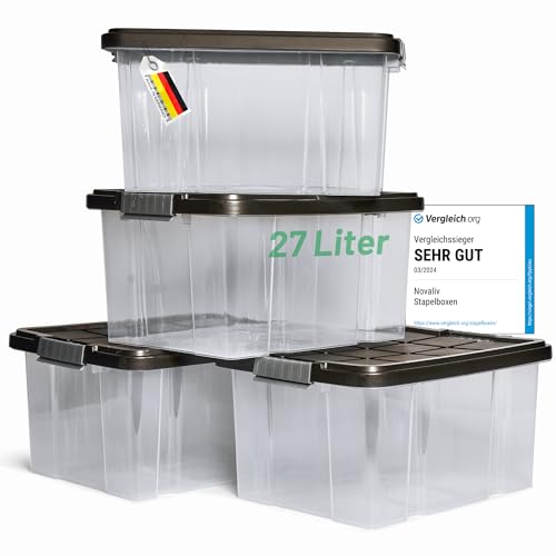 Novaliv 4x Aufbewahrungsboxen mit Deckel 27L Anthrazit Nestbar stapelbare Storage boxes mit Clipverschluss Kunststoffbox BPA-frei 46,5x36,5x24 cm von Novaliv