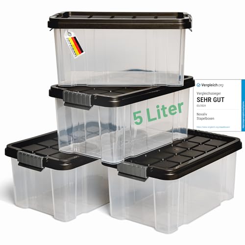 Novaliv 4x Aufbewahrungsboxen mit Deckel 5L Anthrazit Nestbar stapelbare Storage boxes mit Clipverschluss Kunststoff BPA-frei 30 x 19 x 14 cm von Novaliv