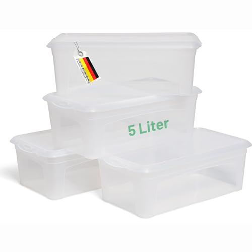 Novaliv 4x Aufbewahrungsboxen mit Deckel 5L transparente Boxen stapelbare Nestbar Storage boxes mit Clipverschluss Kunststoff BPA-frei 34x19x11 cm von Novaliv