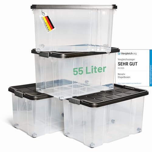 Novaliv 4x Aufbewahrungsboxen mit Deckel Groß 55L Anthrazit Nestbar stapelbar mit Clipverschluss Rollboxen Kunststoff BPA-frei 61x40x32,5 cm von Novaliv